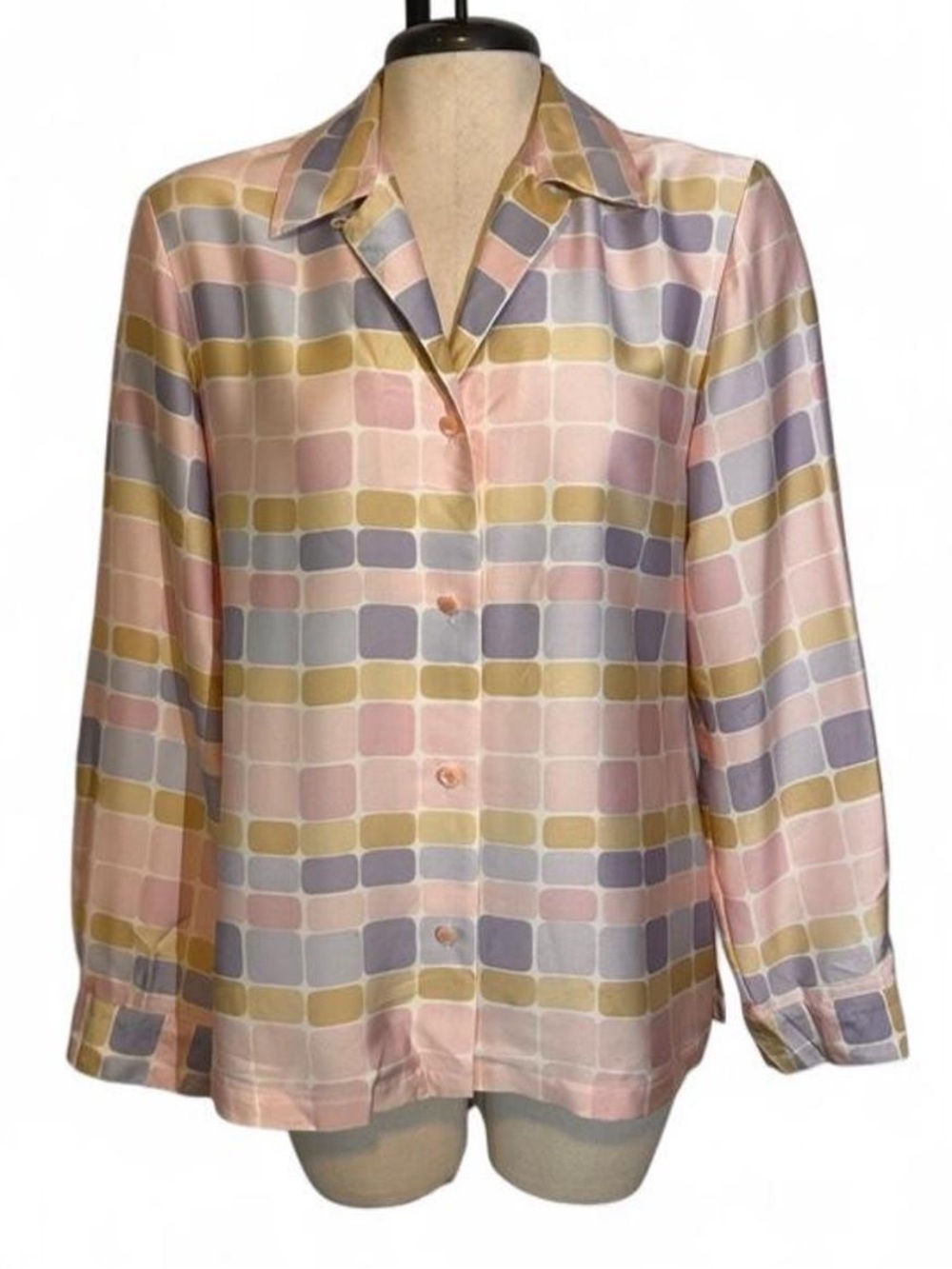 Vintage Chaus Pastel Geometric Silky Blouse 90’s Button Up Size M